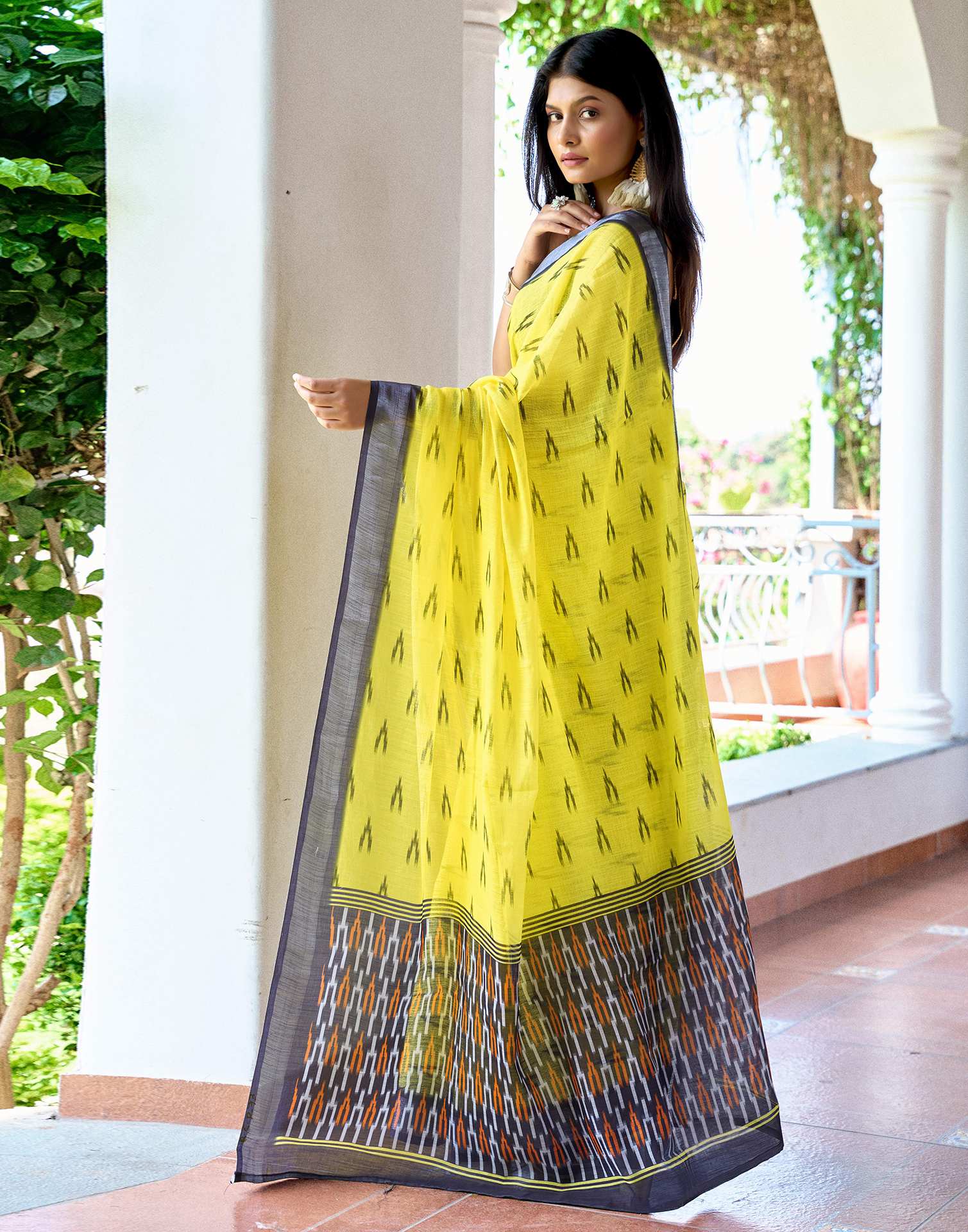 Yellow Linen Ikkat Printed Saree