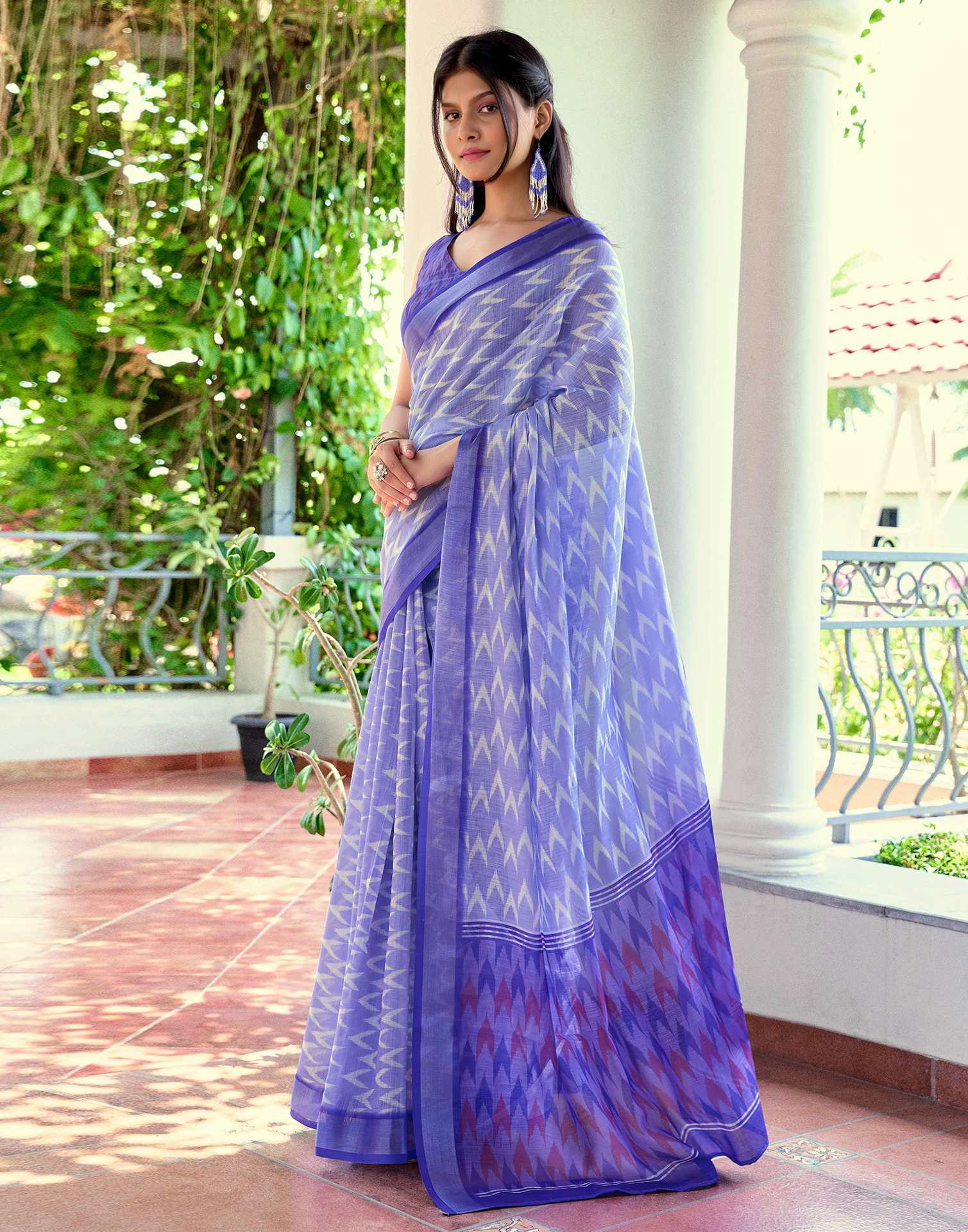 Blue Linen Ikkat Printed Saree
