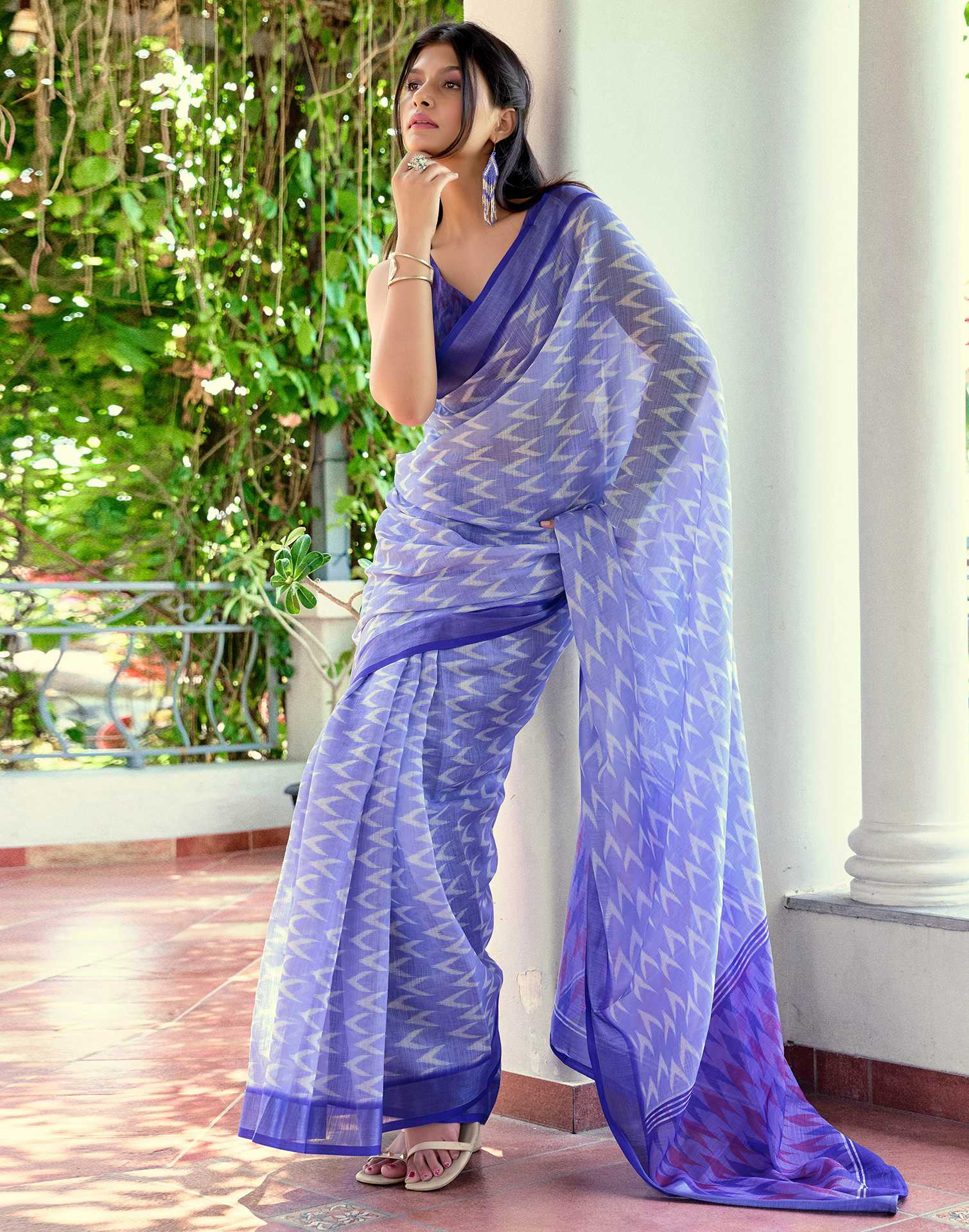 Blue Linen Ikkat Printed Saree