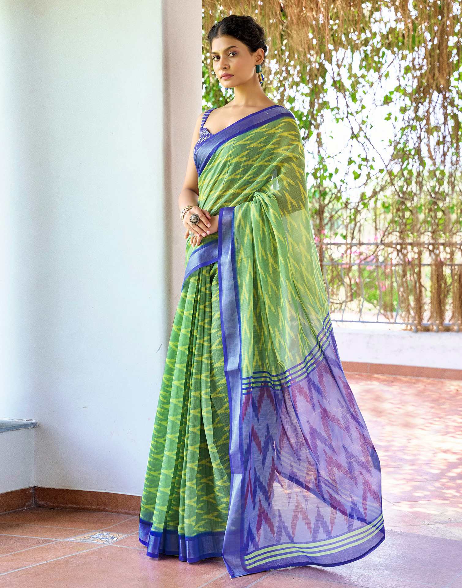 Olive Green Linen Ikkat Printed Saree