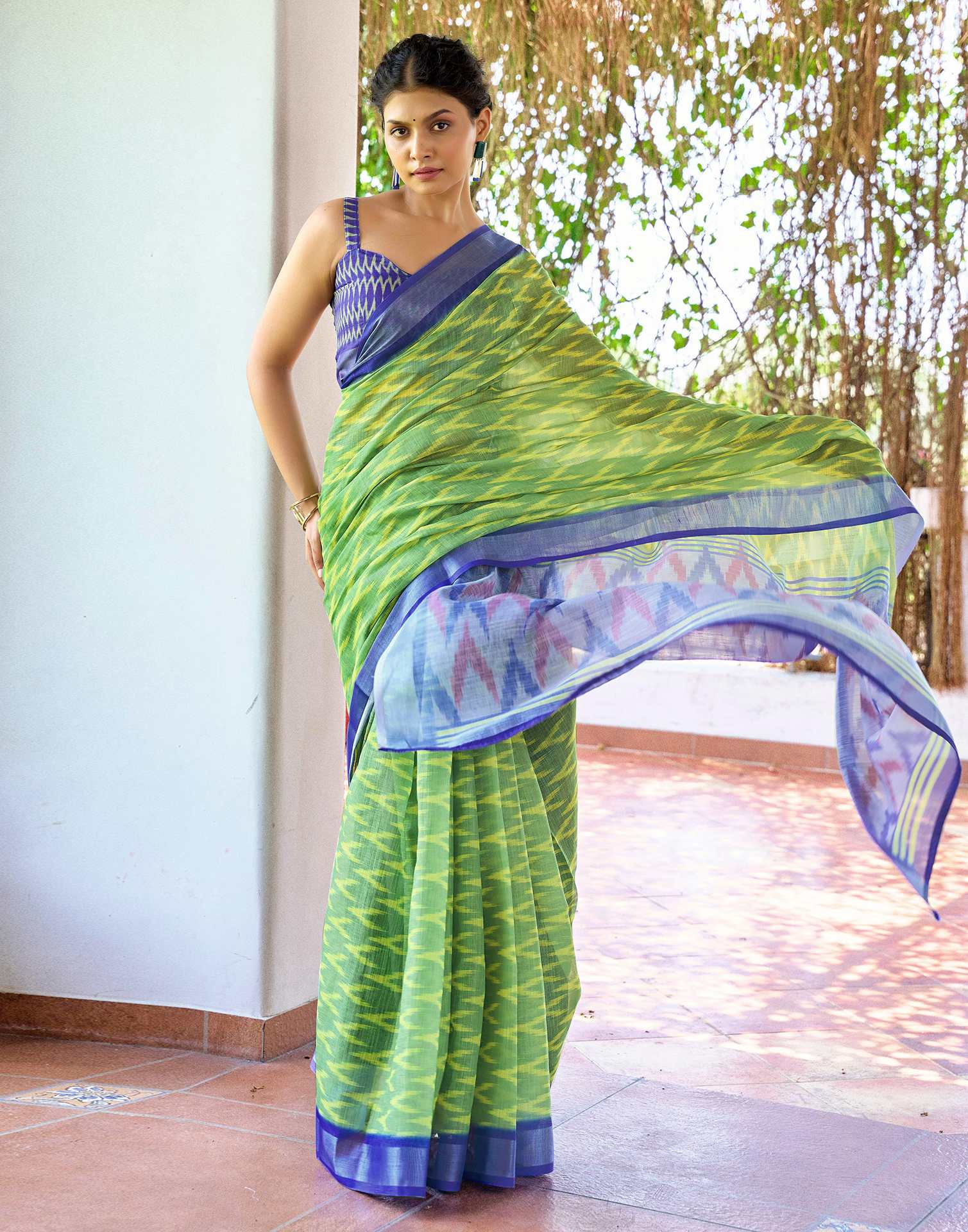 Olive Green Linen Ikkat Printed Saree