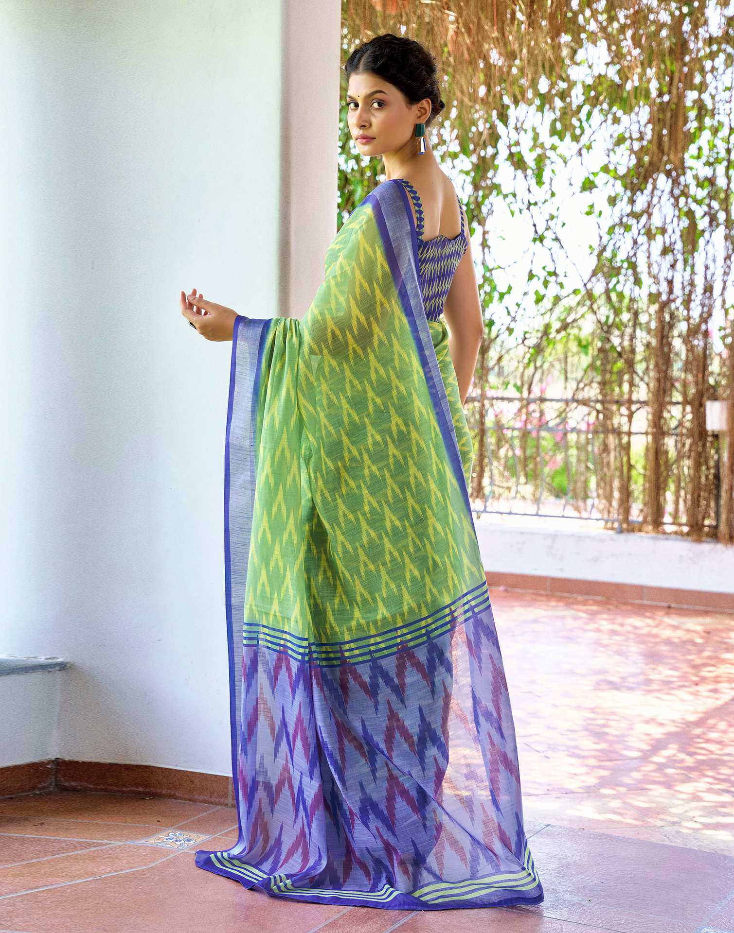 Olive Green Linen Ikkat Printed Saree