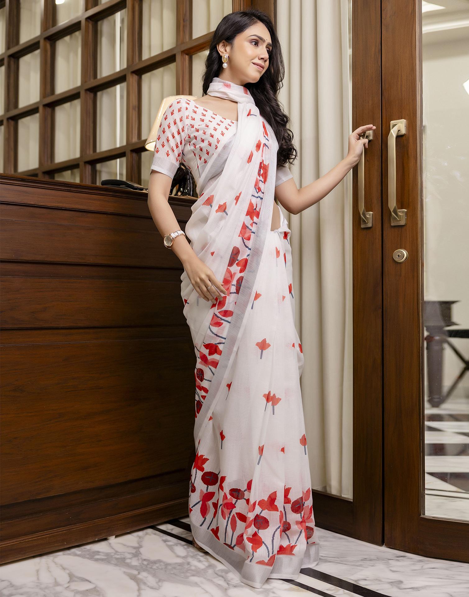 White Linen Floral Printed Saree