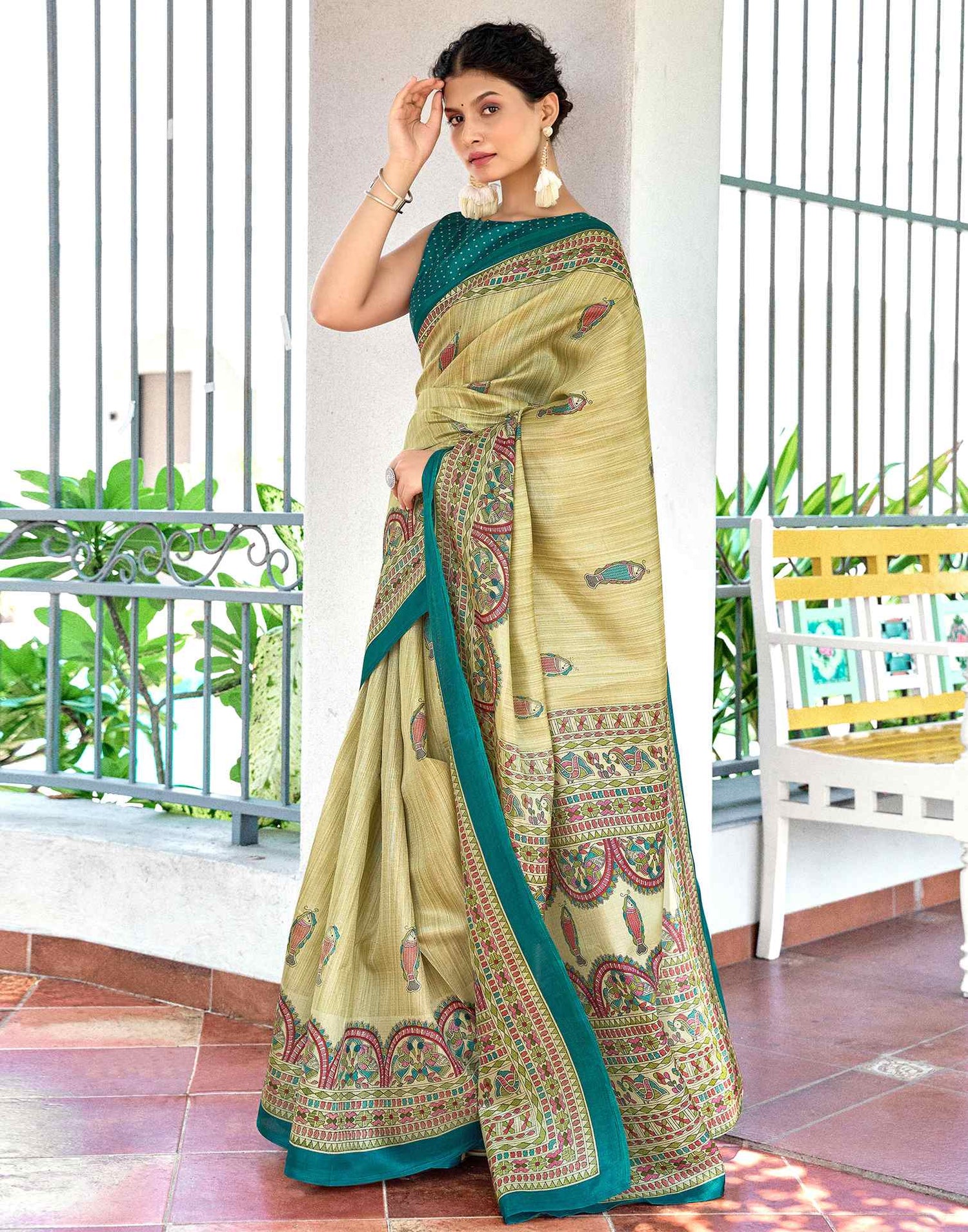 Beige Cotton Blend Madhubani Printed Saree