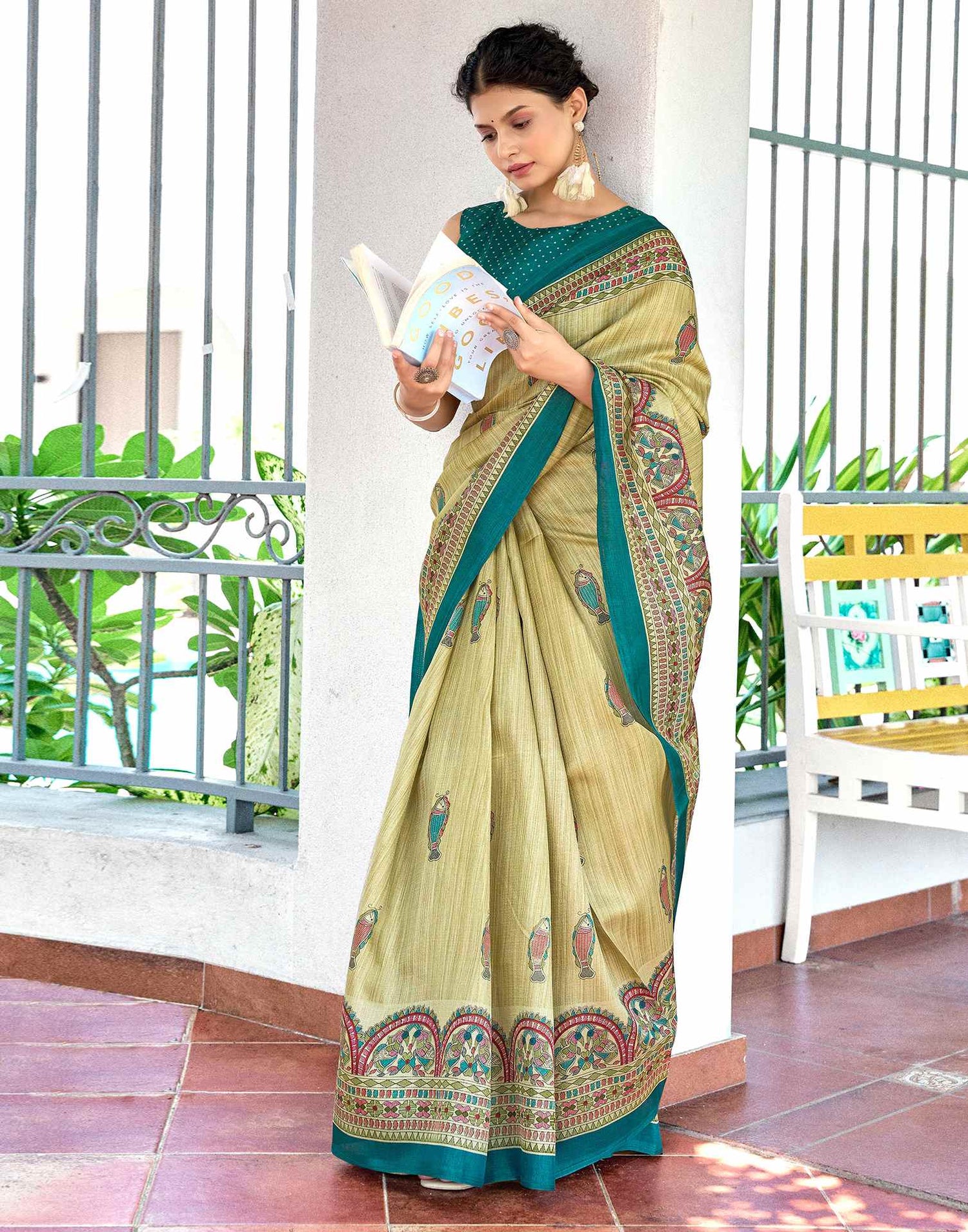 Beige Cotton Blend Madhubani Printed Saree