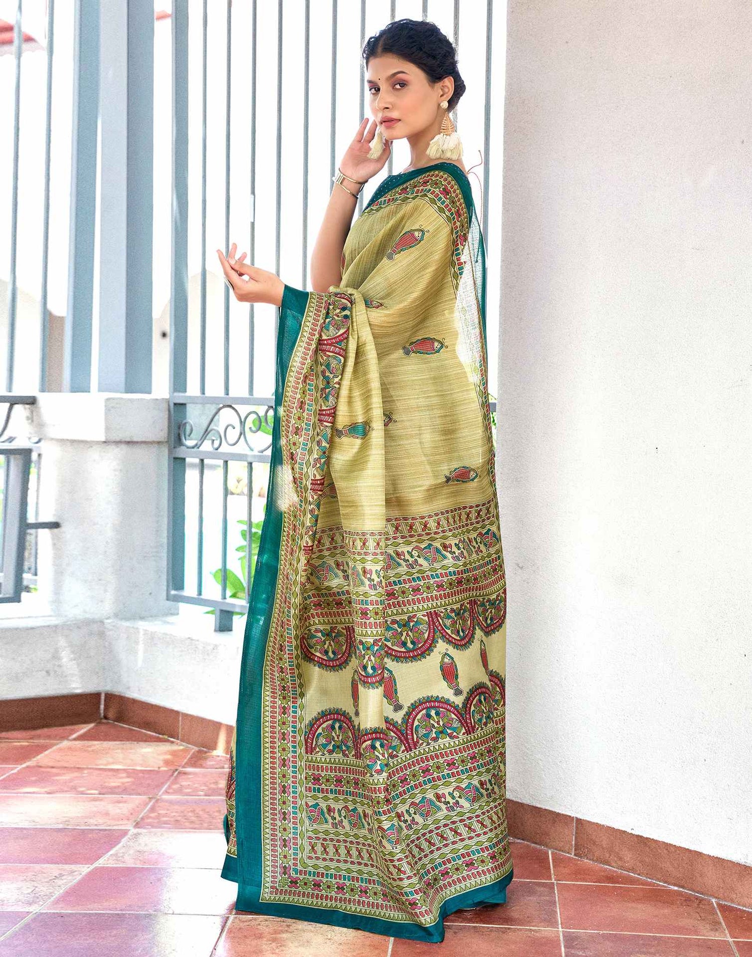 Beige Cotton Blend Madhubani Printed Saree