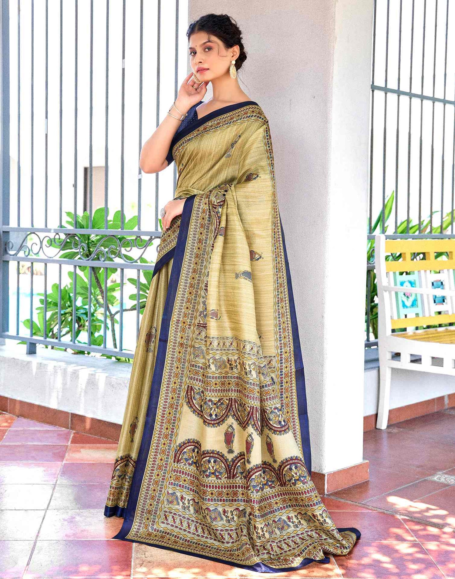 Beige Cotton Blend Madhubani Printed Saree