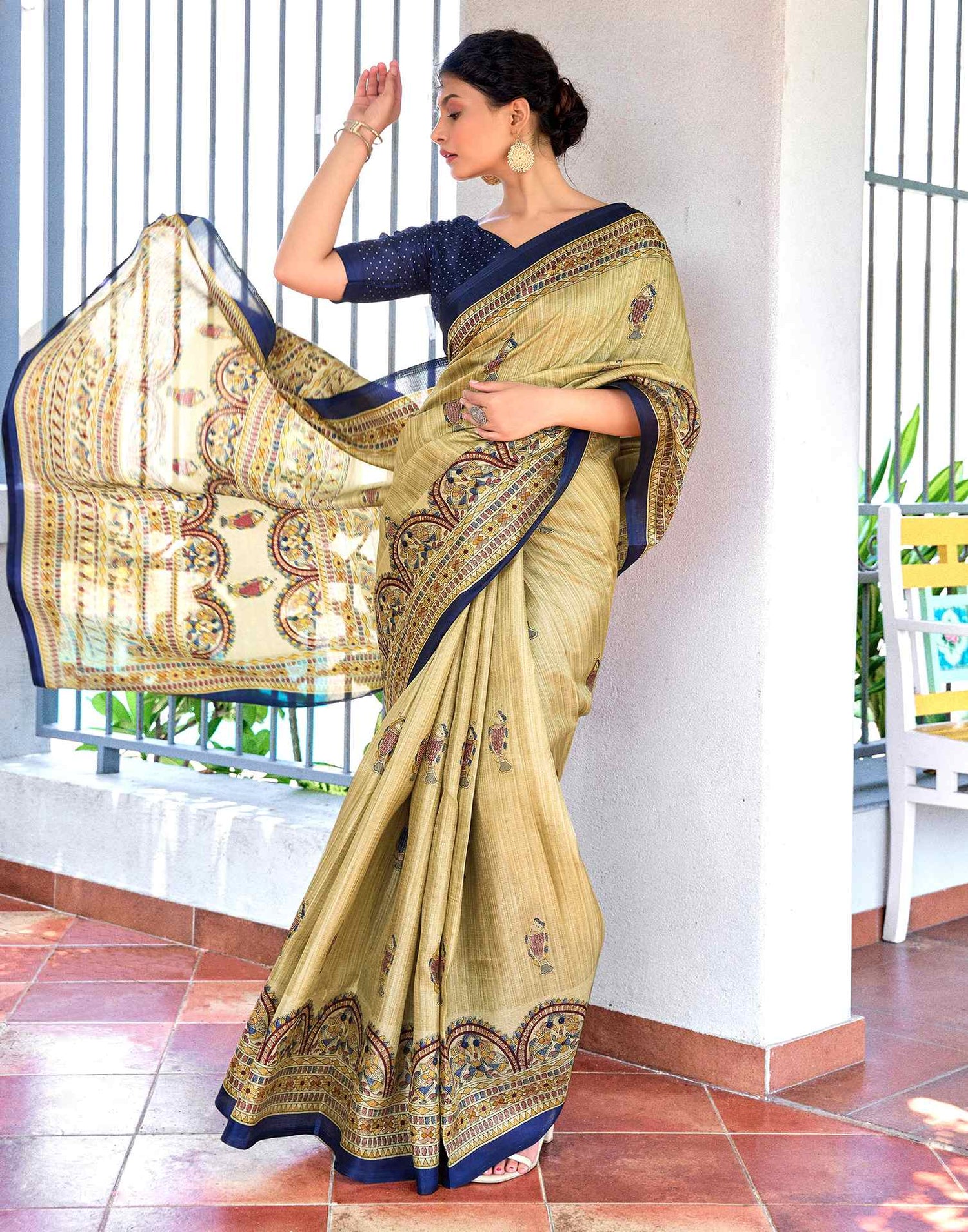 Beige Cotton Blend Madhubani Printed Saree