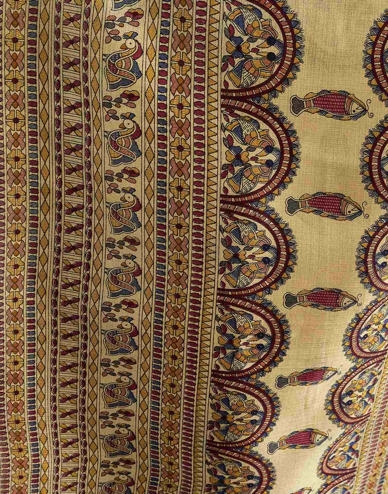 Beige Cotton Blend Madhubani Printed Saree