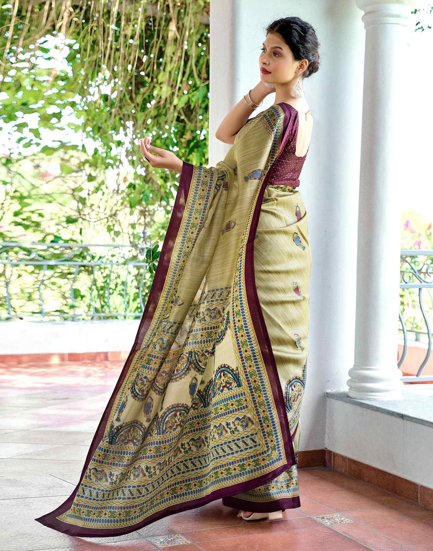 Beige Cotton Blend Madhubani Printed Saree