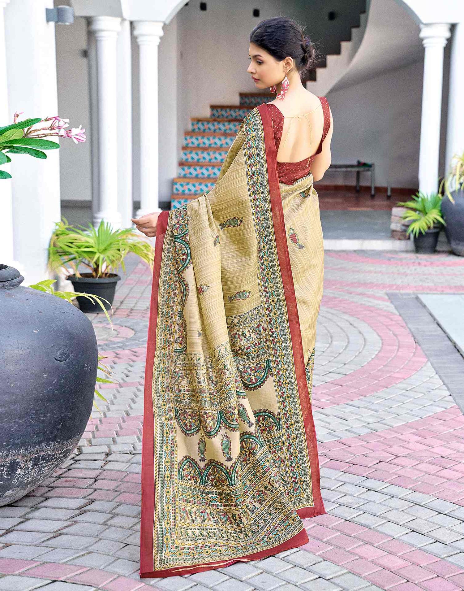 Beige Cotton Blend Madhubani Printed Saree
