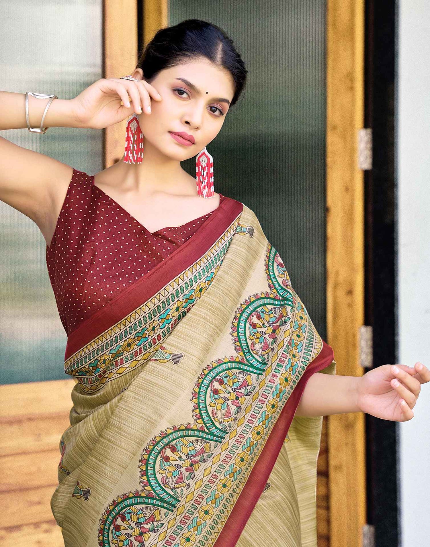 Beige Cotton Blend Madhubani Printed Saree