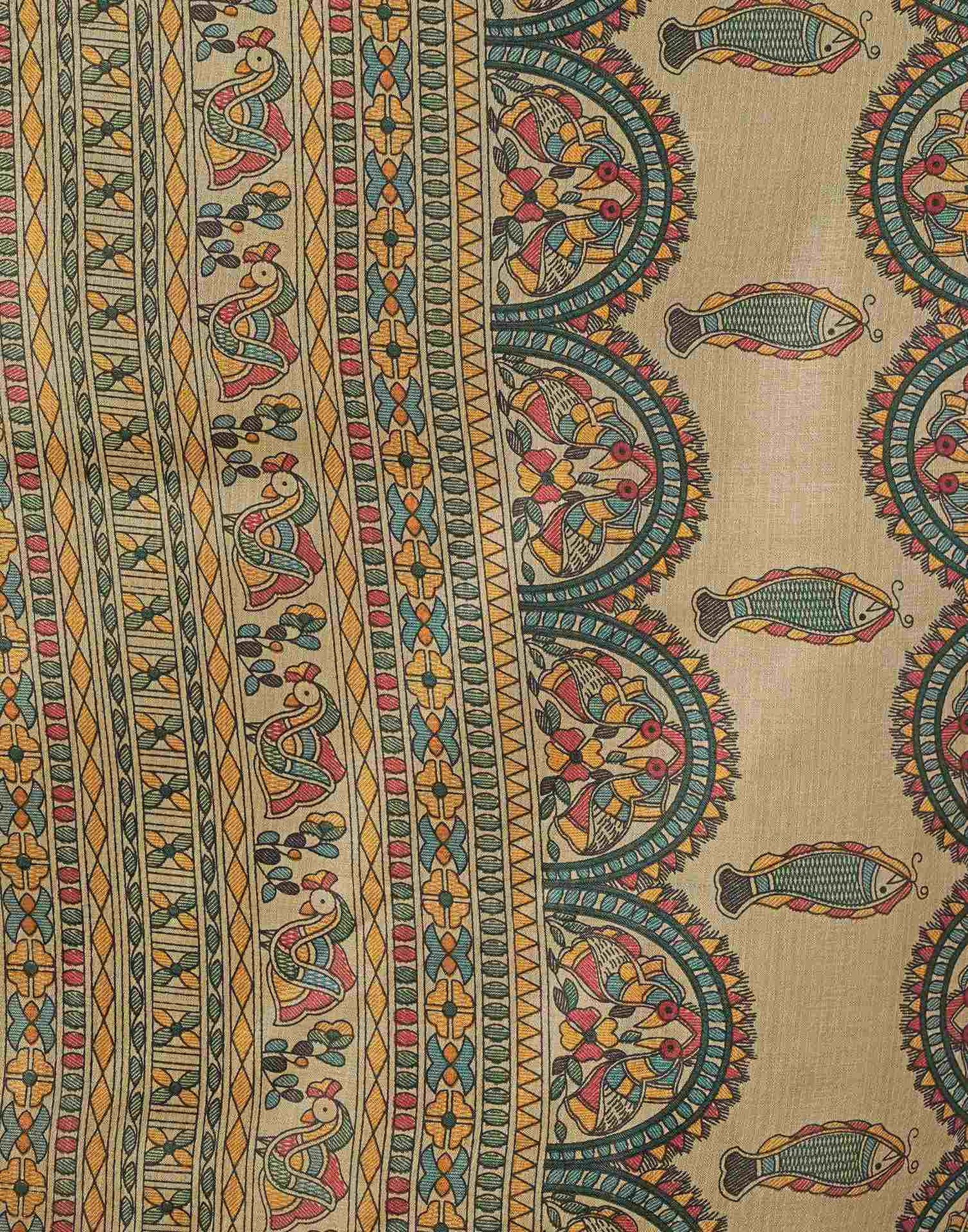 Beige Cotton Blend Madhubani Printed Saree