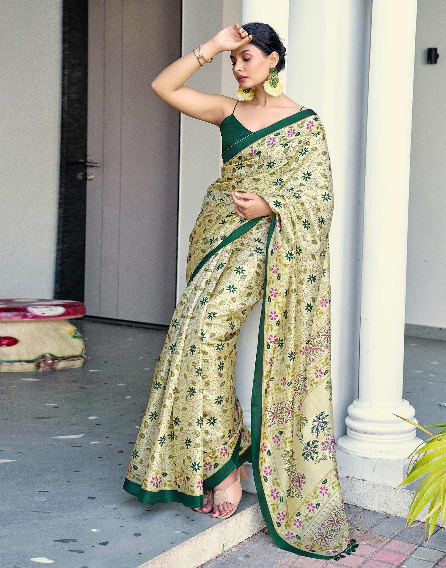 Beige Cotton Blend Printed Saree