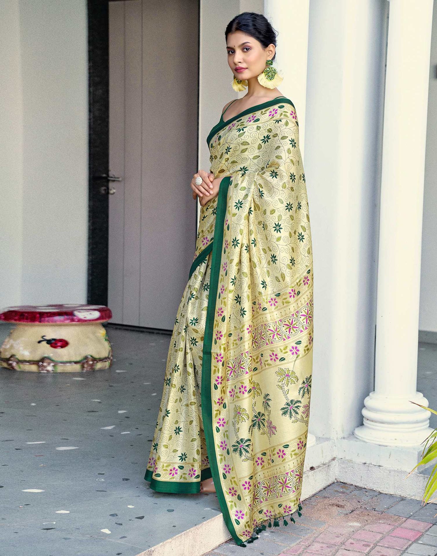 Beige Cotton Blend Printed Saree