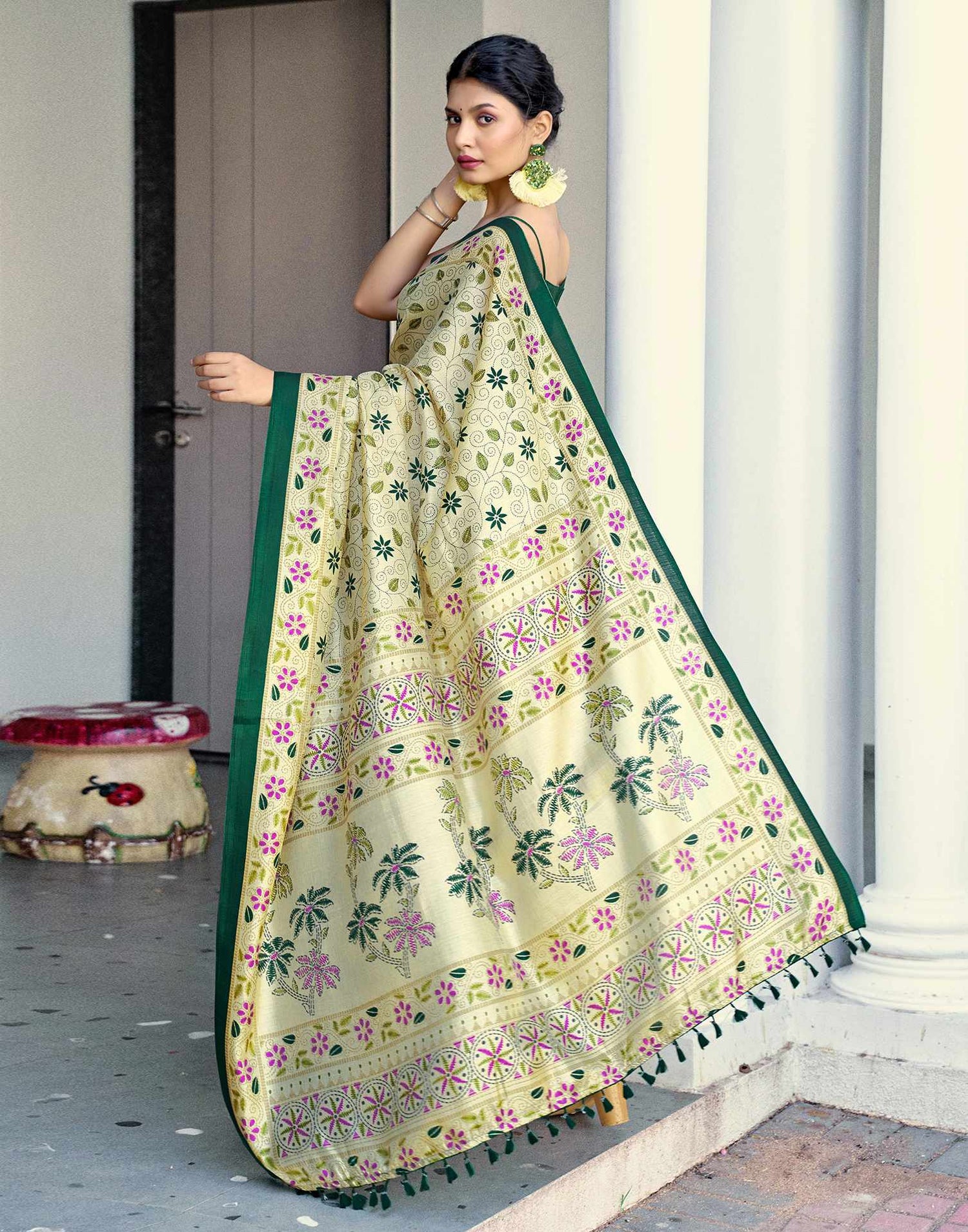 Beige Cotton Blend Printed Saree