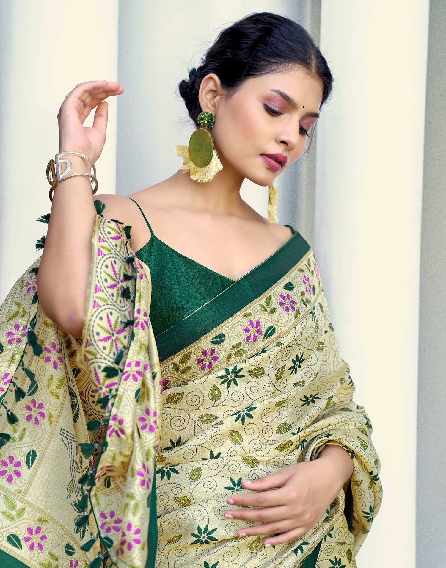 Beige Cotton Blend Printed Saree