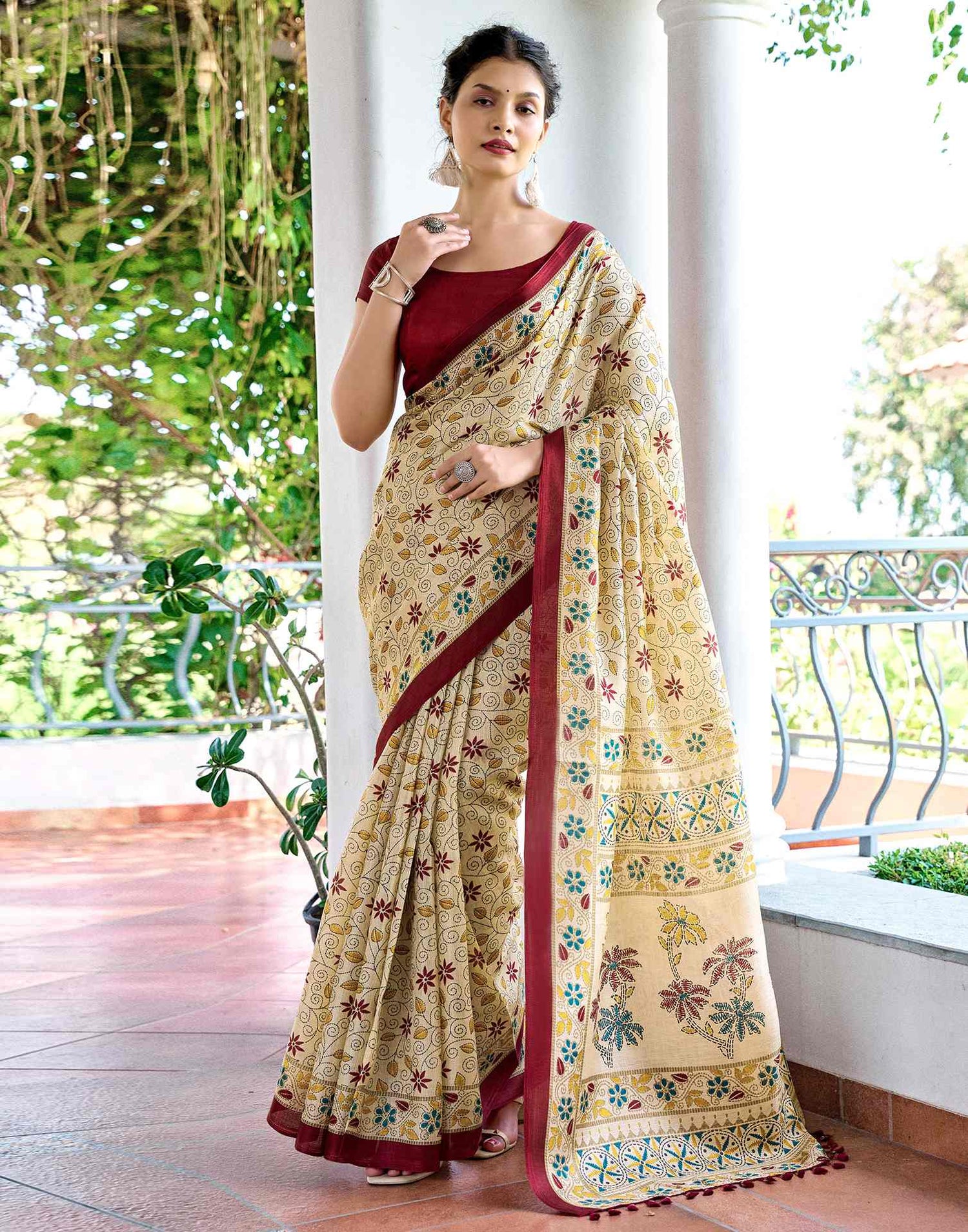 Beige Cotton Blend Printed Saree