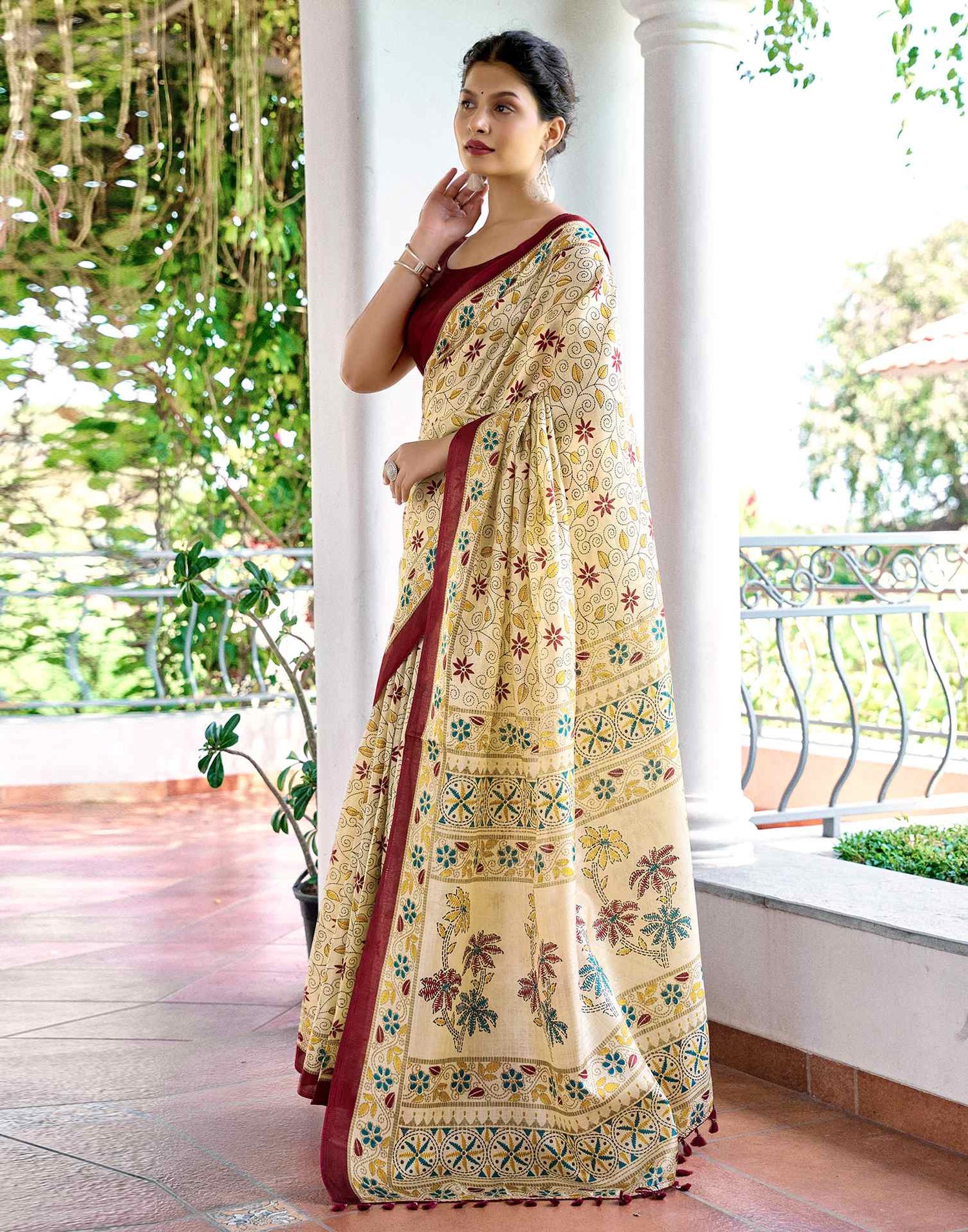 Beige Cotton Blend Printed Saree