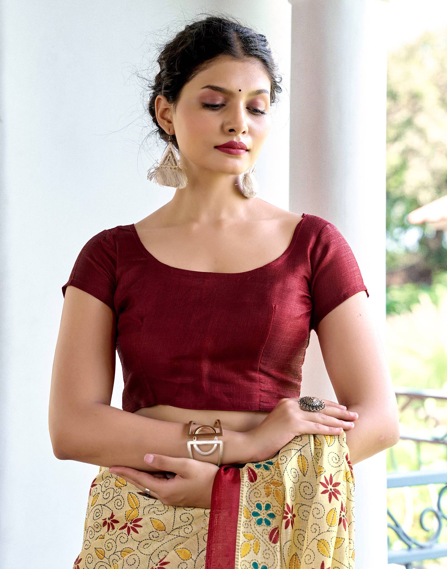 Beige Cotton Blend Printed Saree