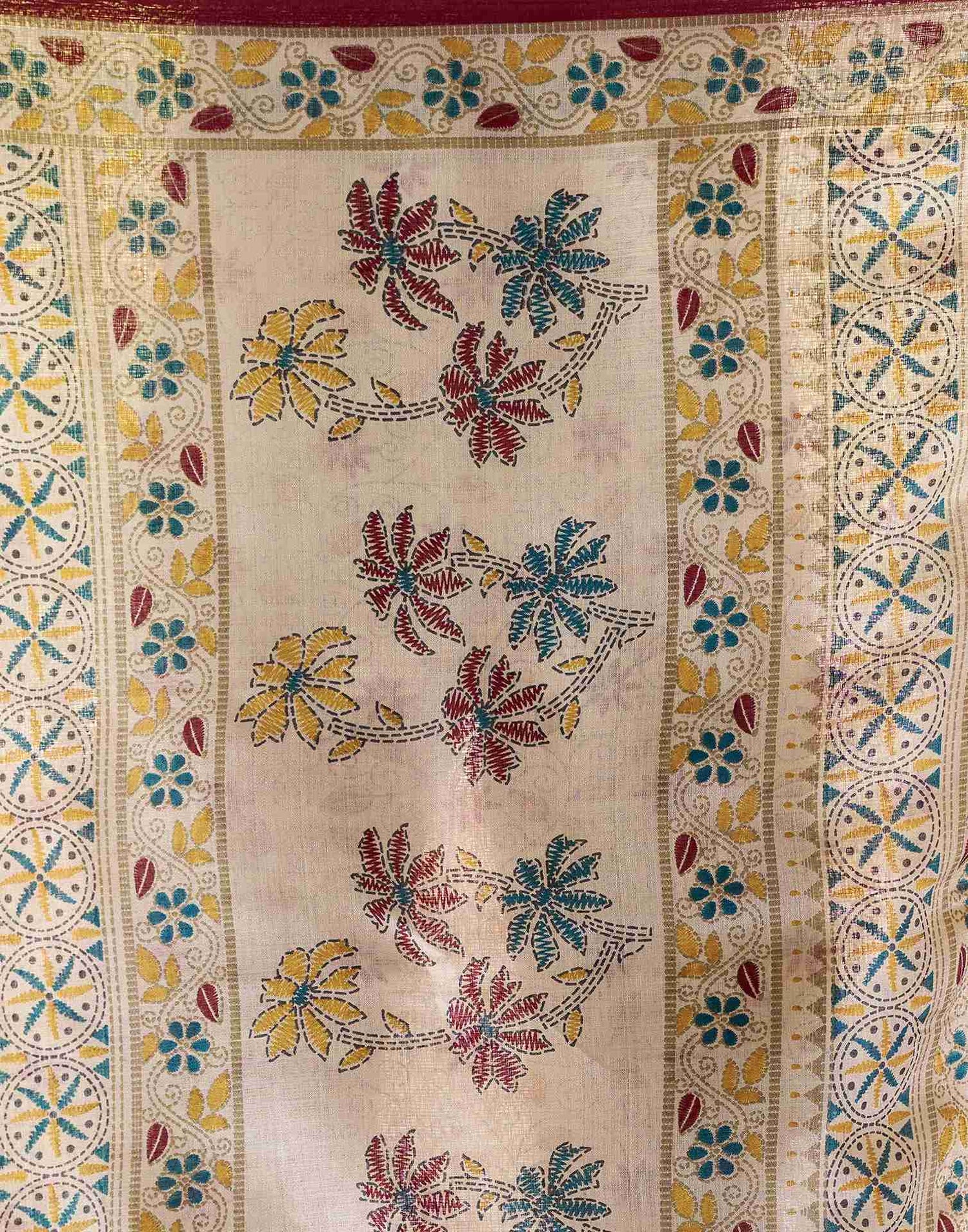 Beige Cotton Blend Printed Saree