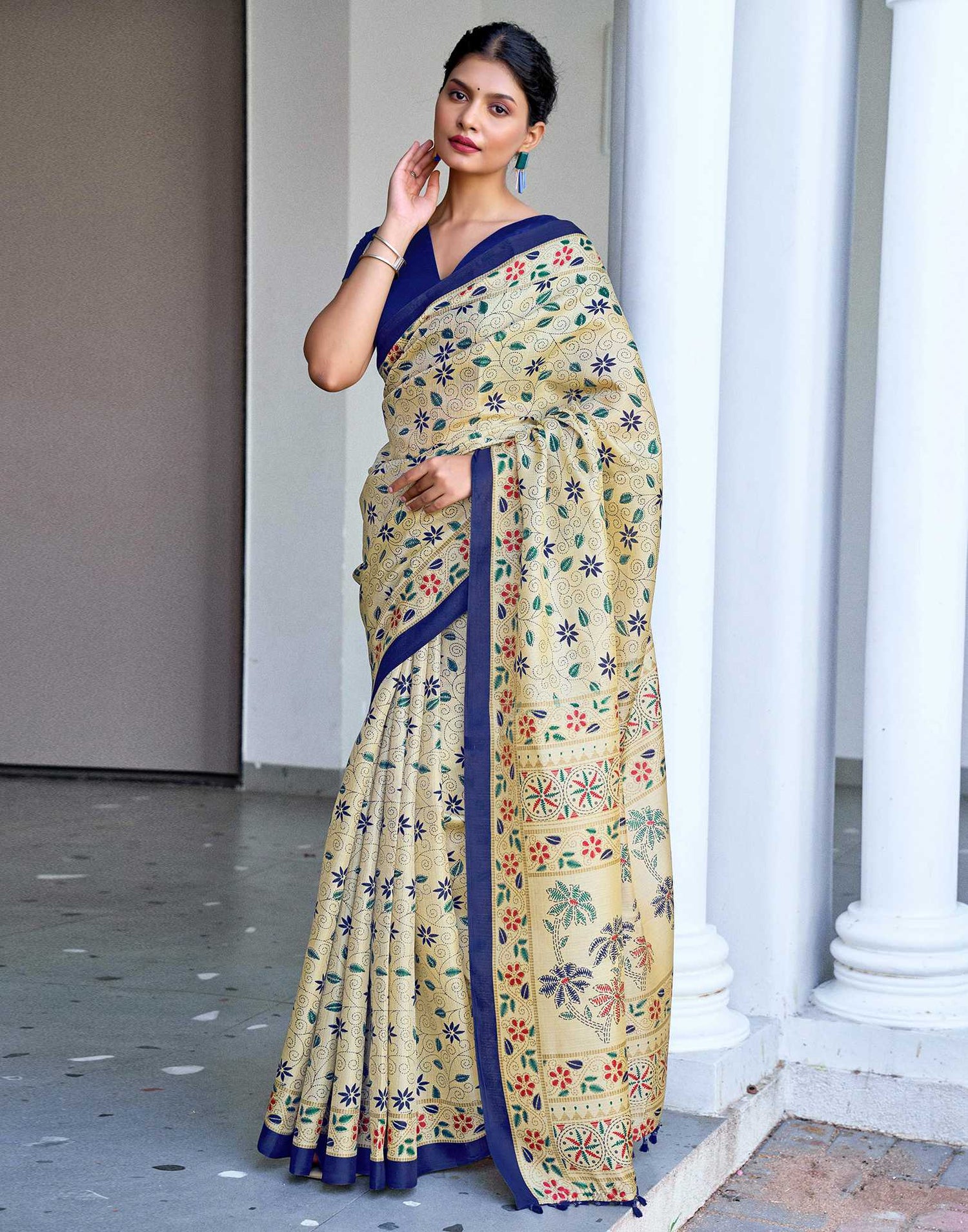 Beige Cotton Blend Printed Saree