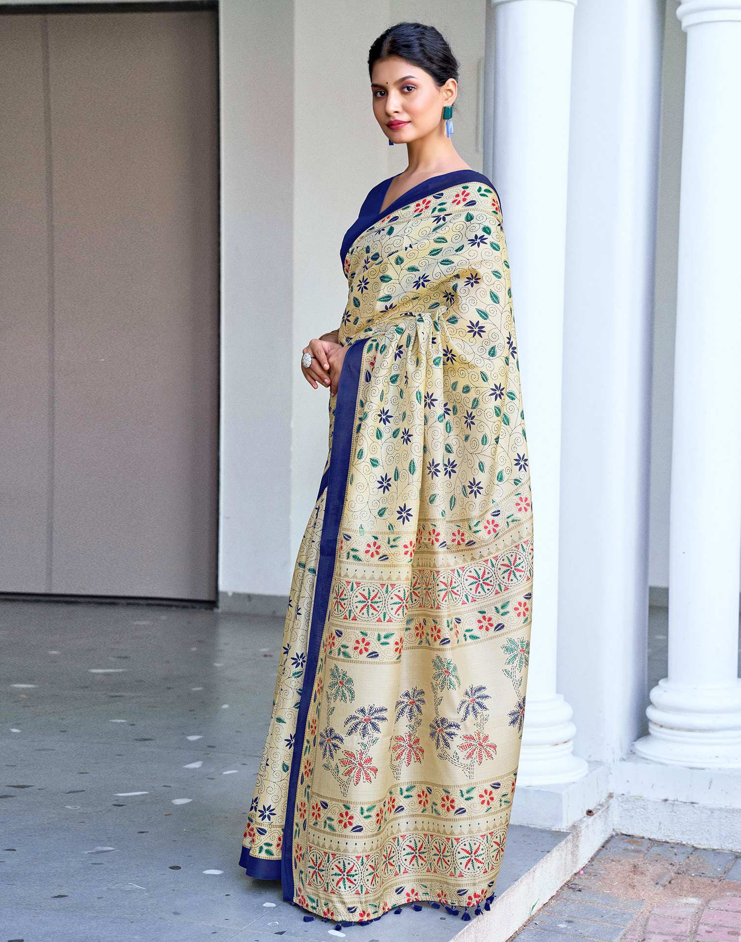 Beige Cotton Blend Printed Saree