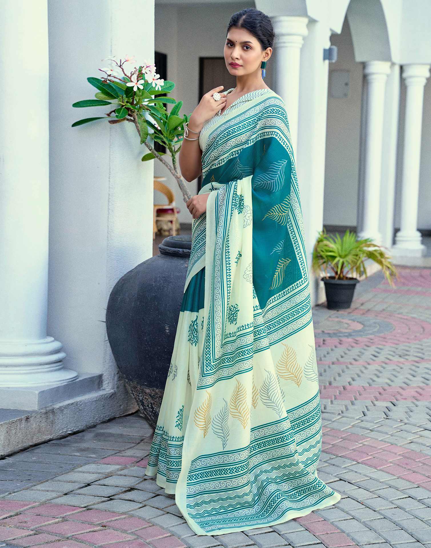 Off White Cotton Blend Printed Saree