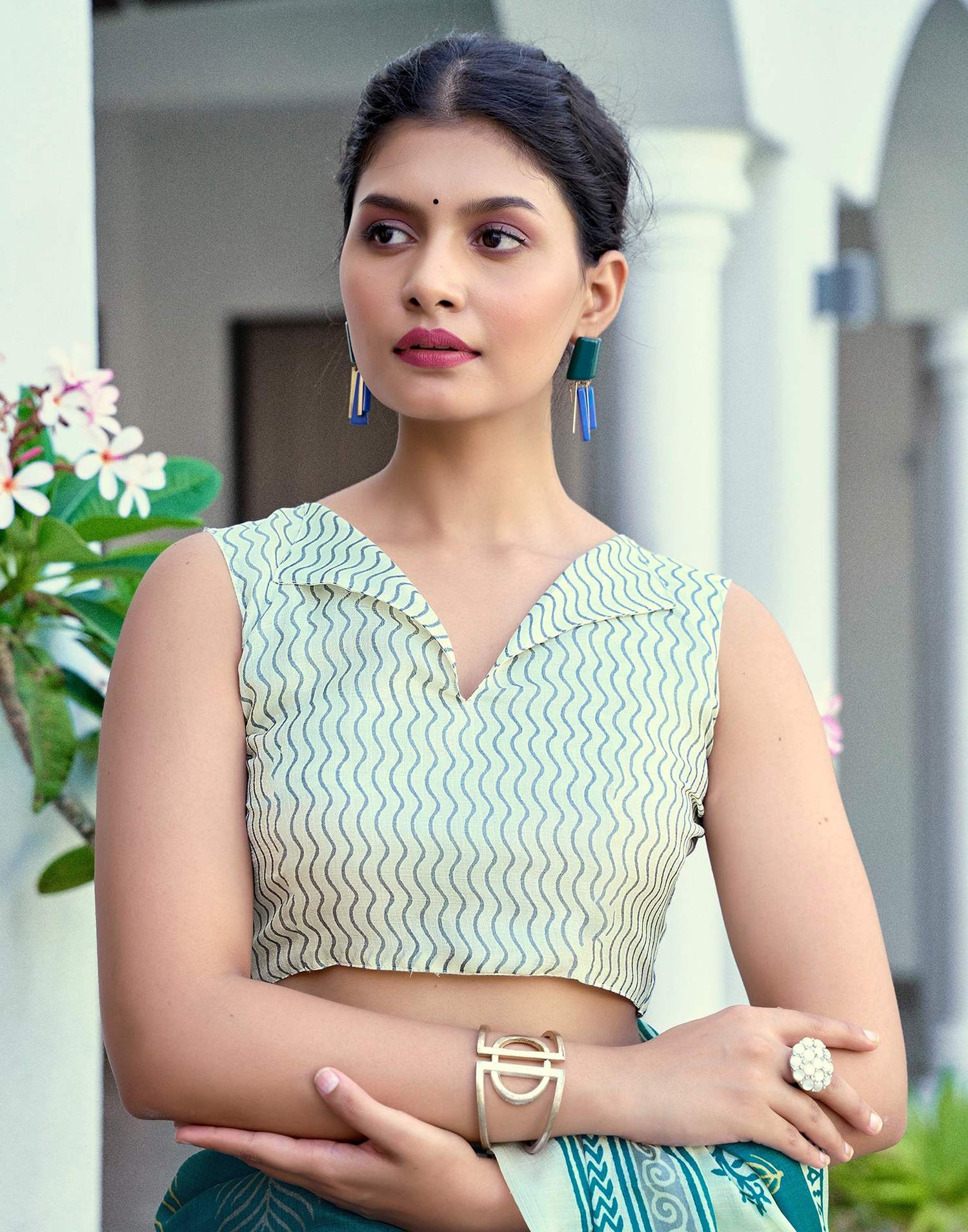 Off White Cotton Blend Printed Saree