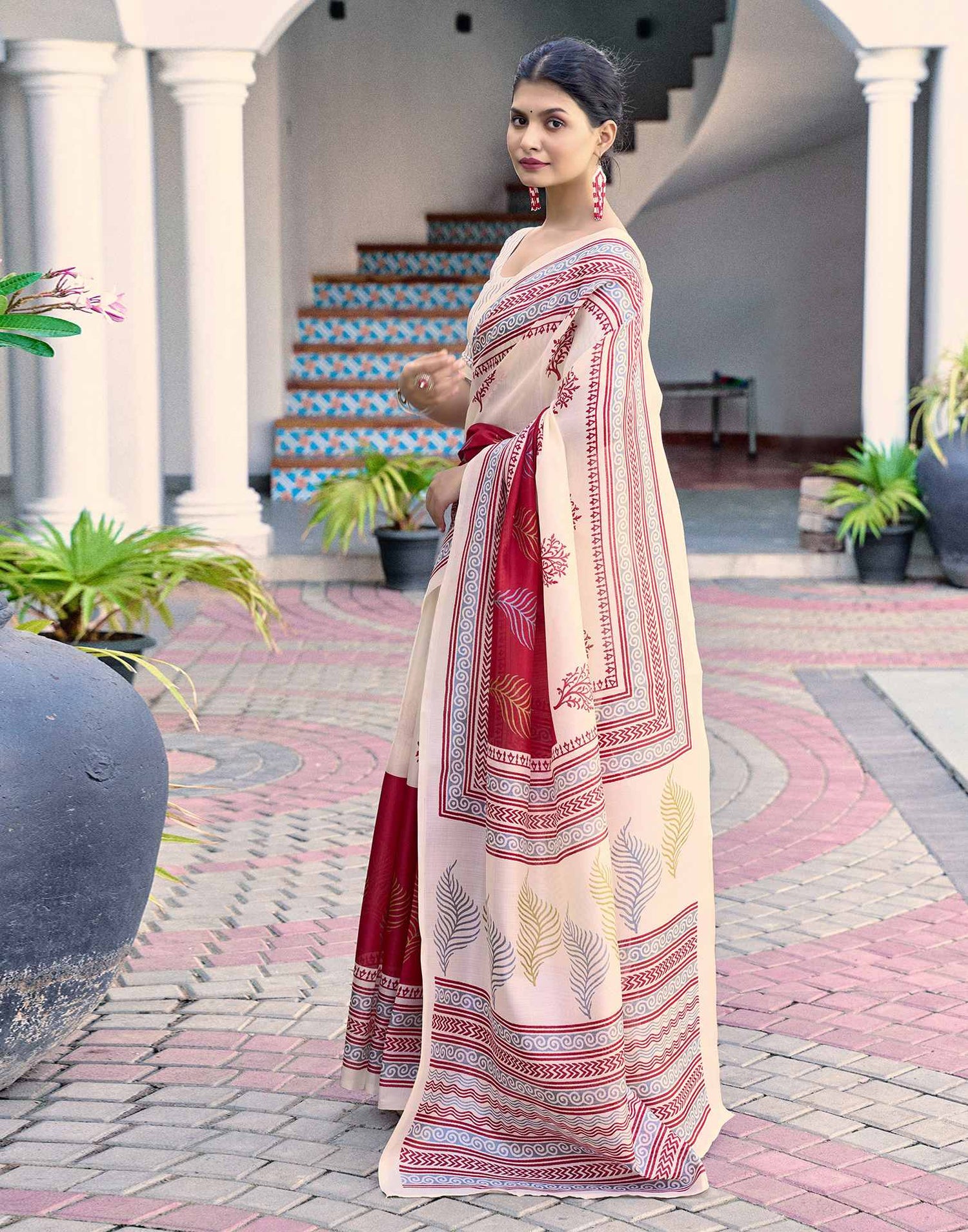 Off White Cotton Blend Printed Saree