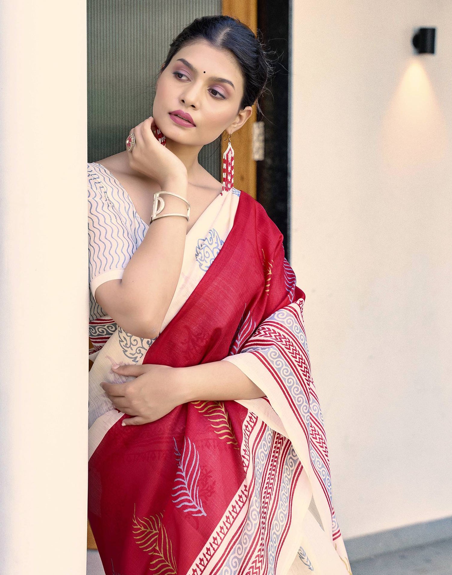 Off White Cotton Blend Printed Saree
