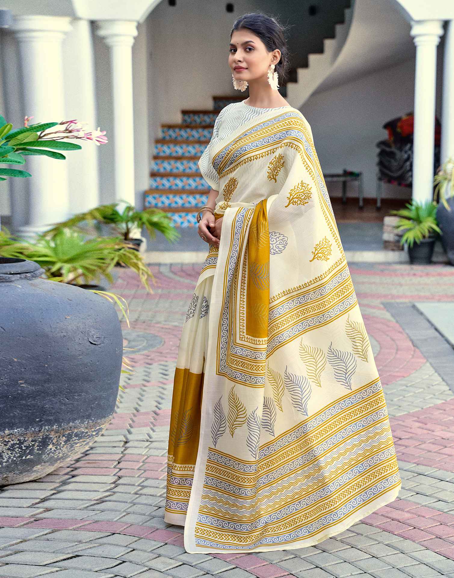 Off White Cotton Blend Printed Saree