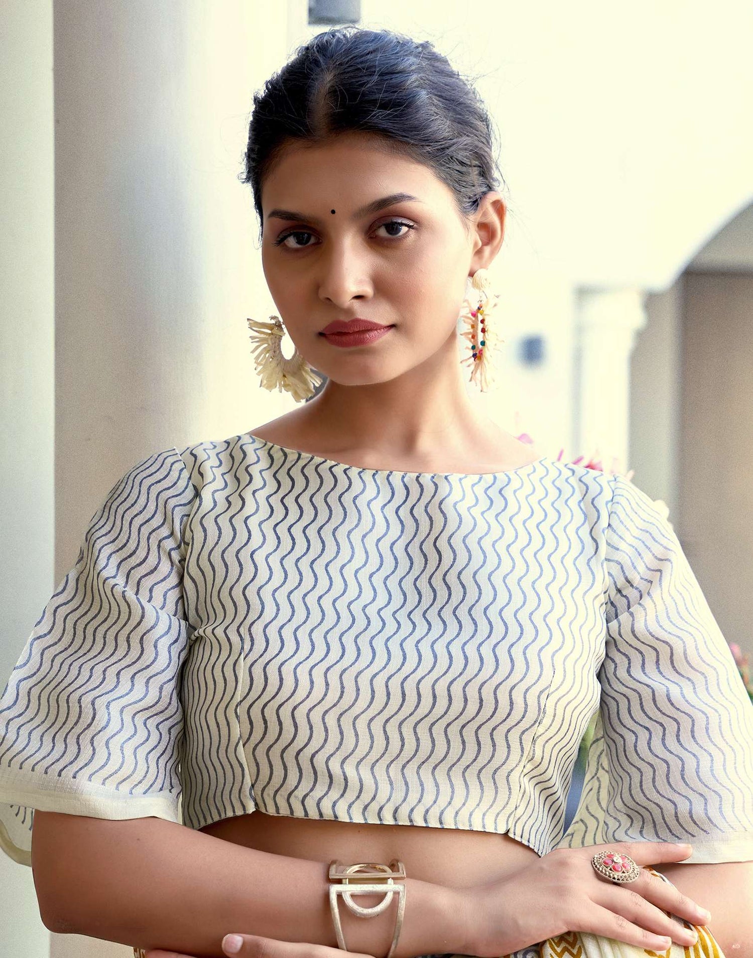 Off White Cotton Blend Printed Saree