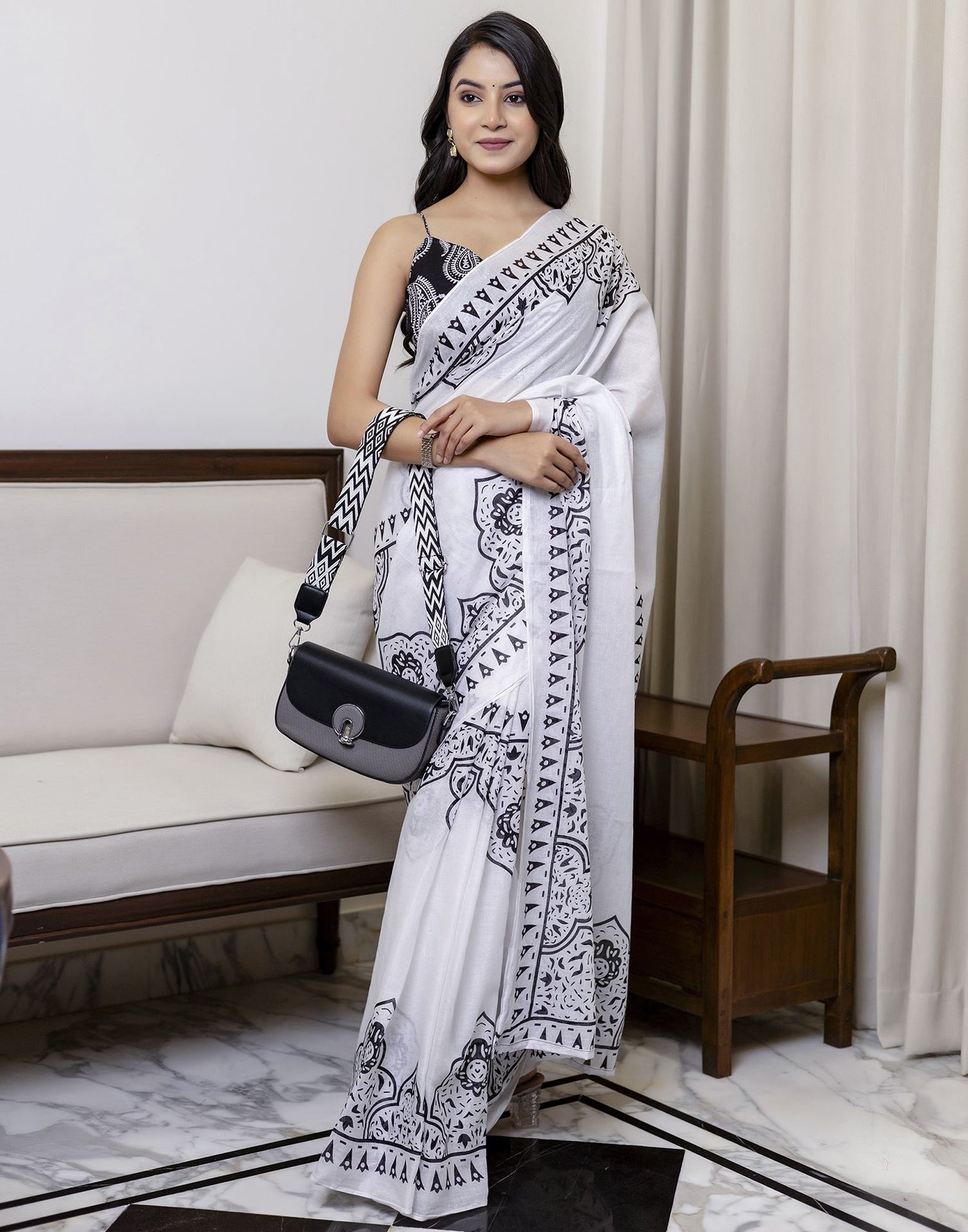 White Cotton Printed Saree