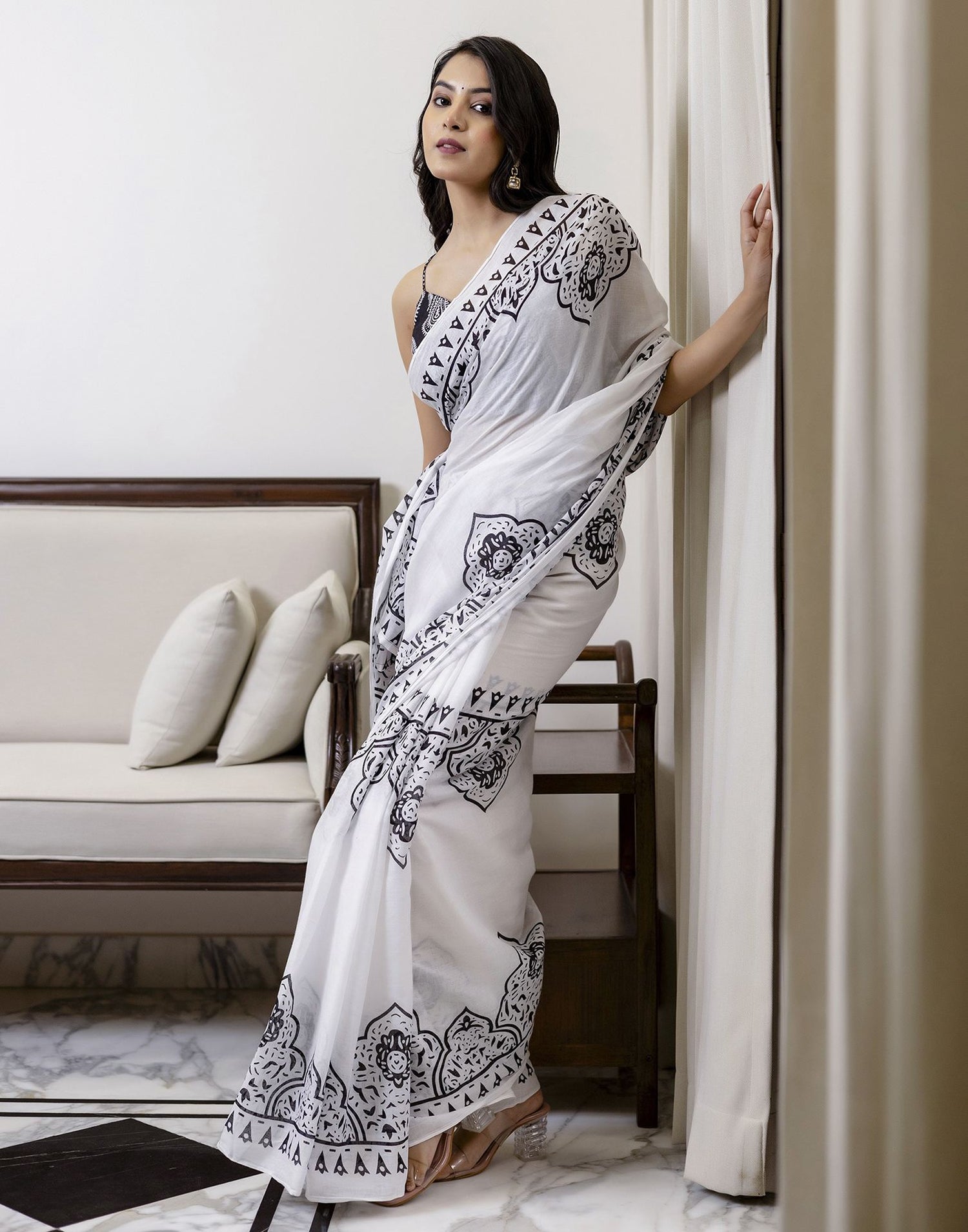 White Cotton Printed Saree