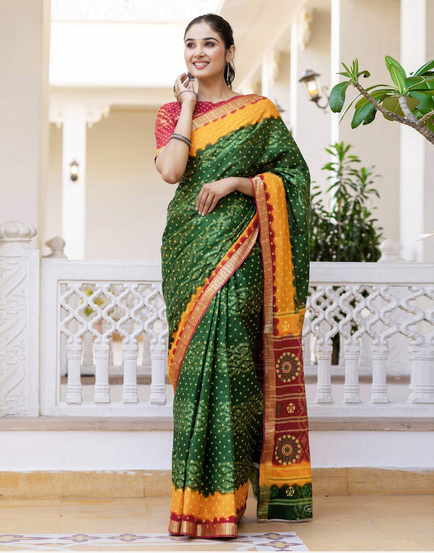 Dark Green Cotton Bandhani Bandhani Saree