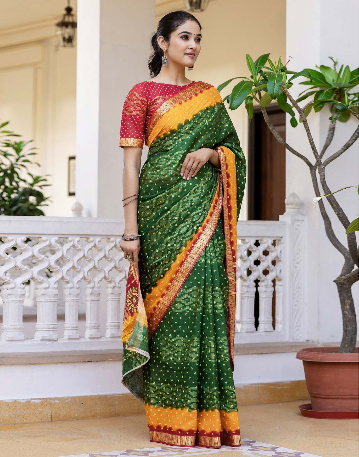 Dark Green Cotton Bandhani Bandhani Saree