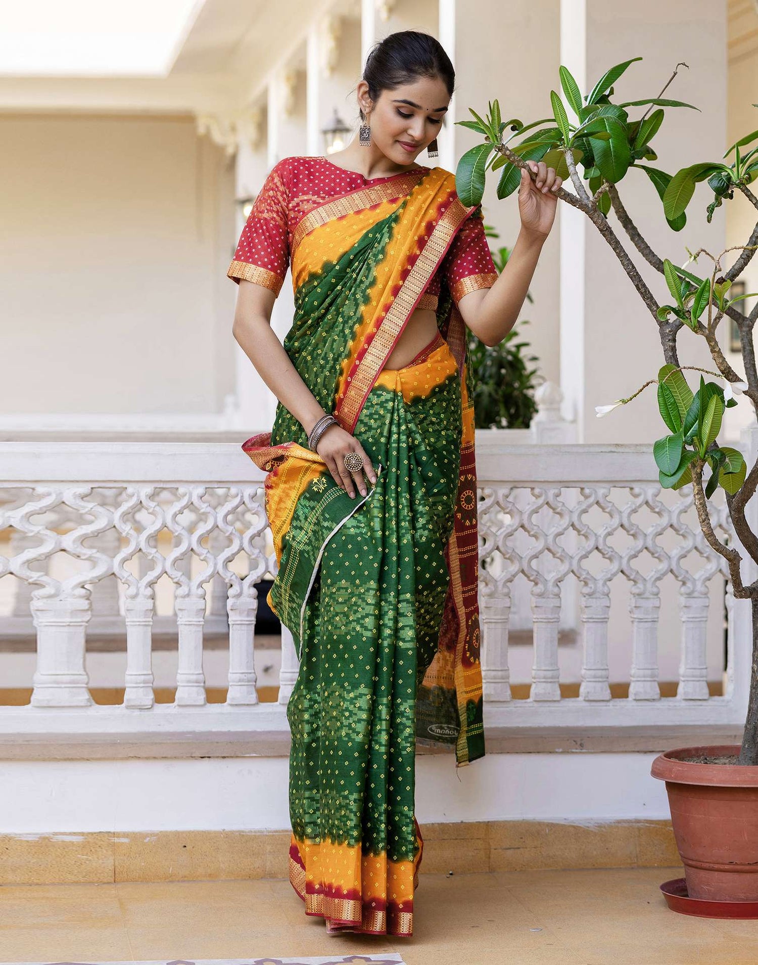 Dark Green Cotton Bandhani Bandhani Saree
