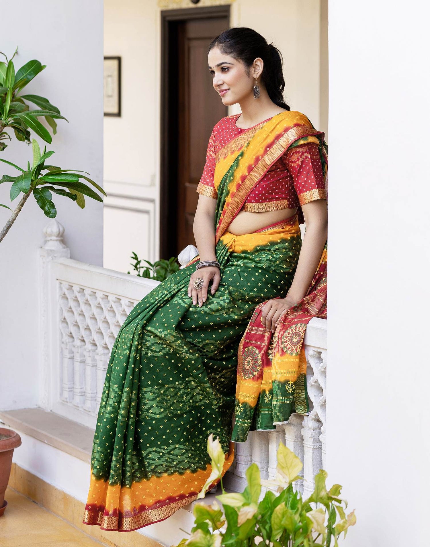 Dark Green Cotton Bandhani Bandhani Saree