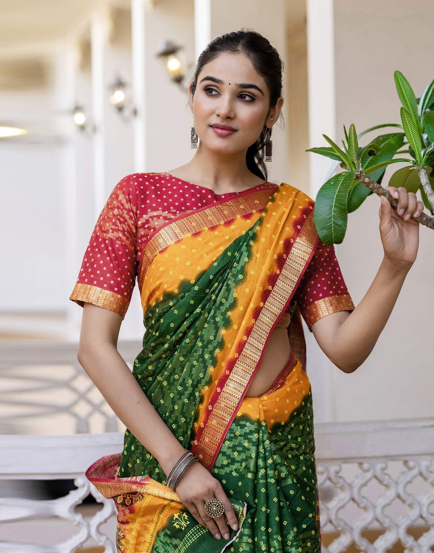 Dark Green Cotton Bandhani Bandhani Saree