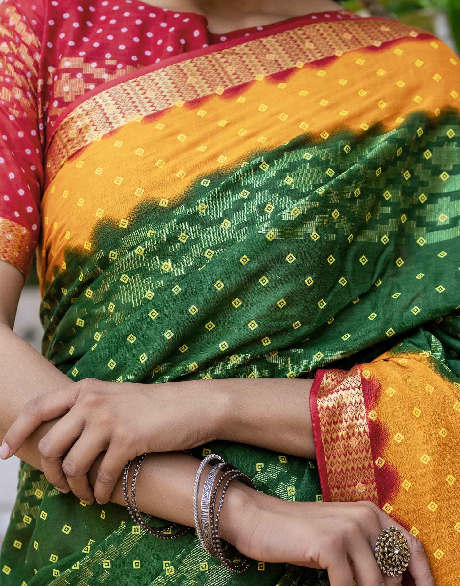 Dark Green Cotton Bandhani Bandhani Saree