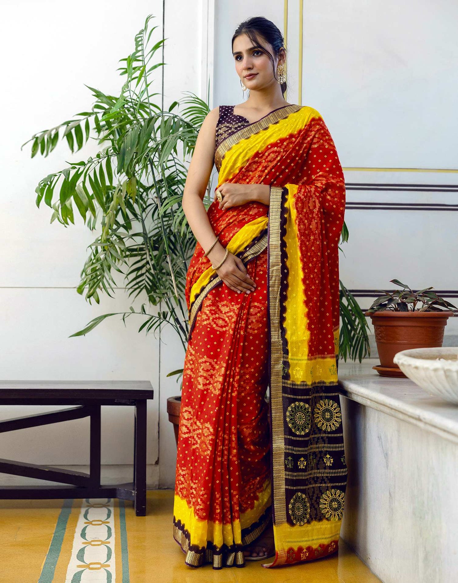 Red Cotton Bandhani Bandhani Saree