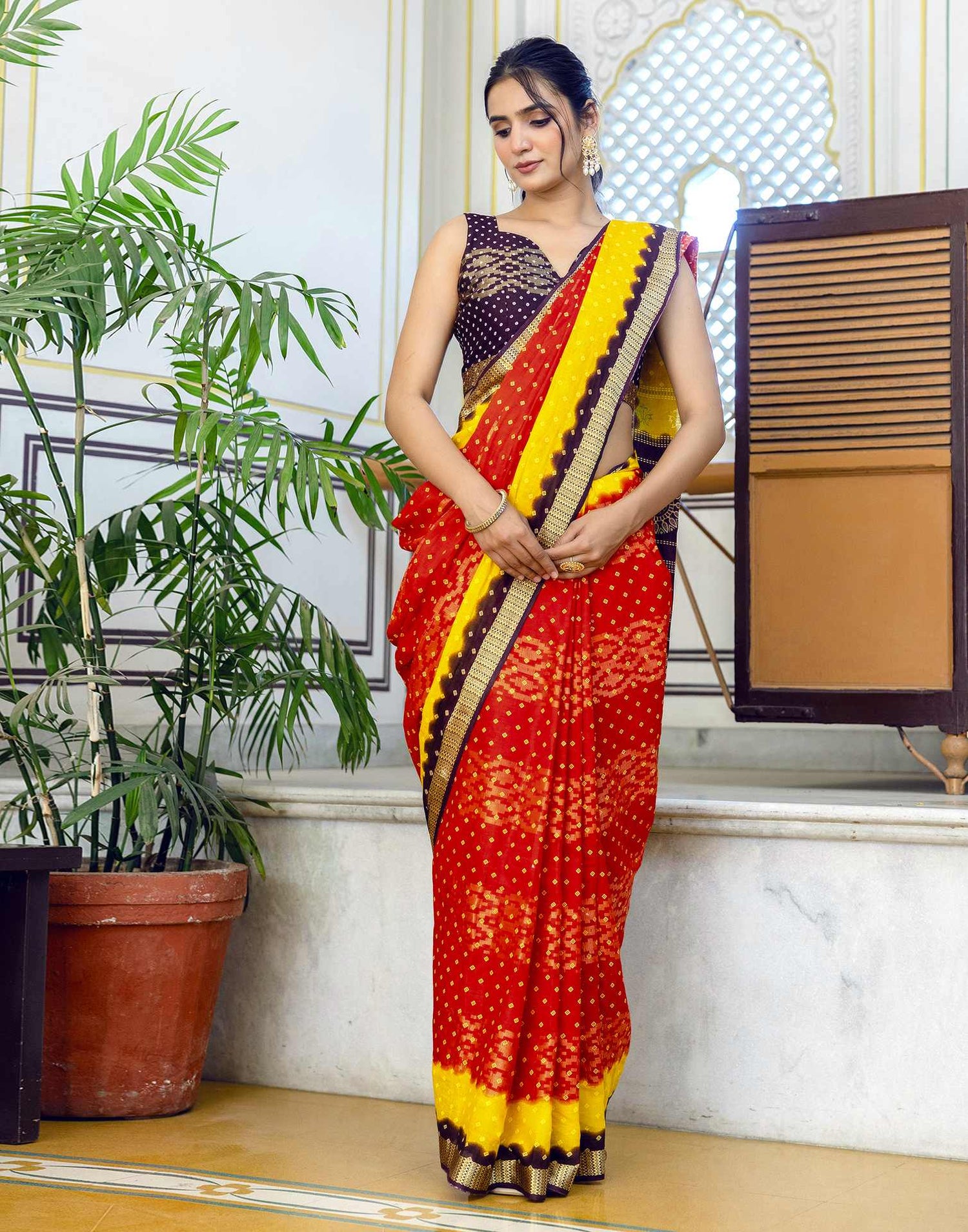 Red Cotton Bandhani Bandhani Saree