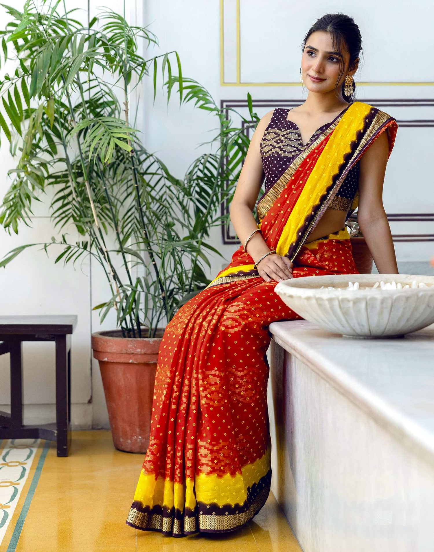Red Cotton Bandhani Bandhani Saree