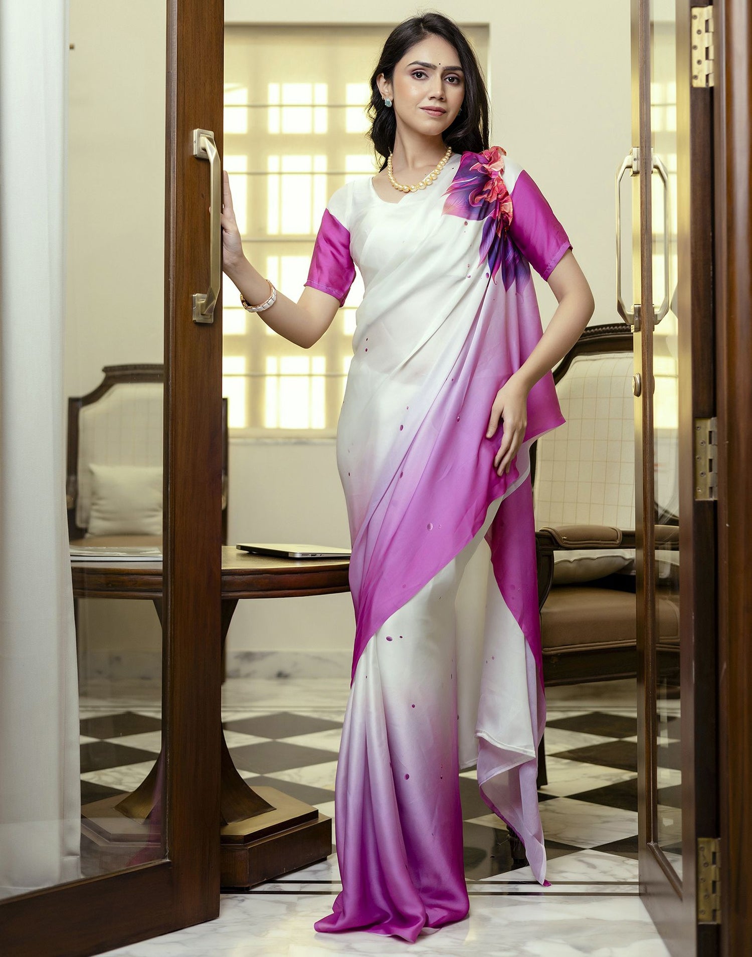 Handsfree White Satin Floral Printed Saree