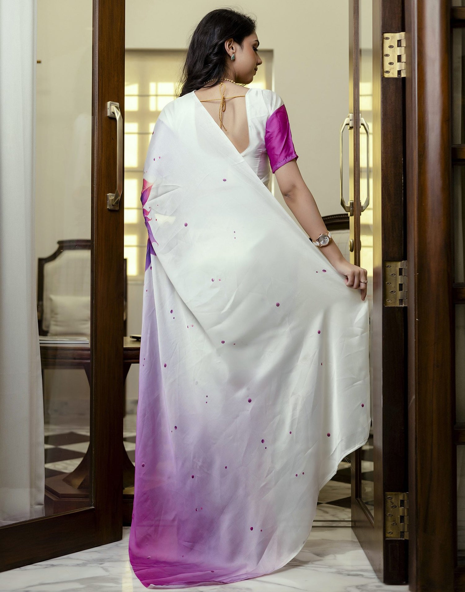 Handsfree White Satin Floral Printed Saree