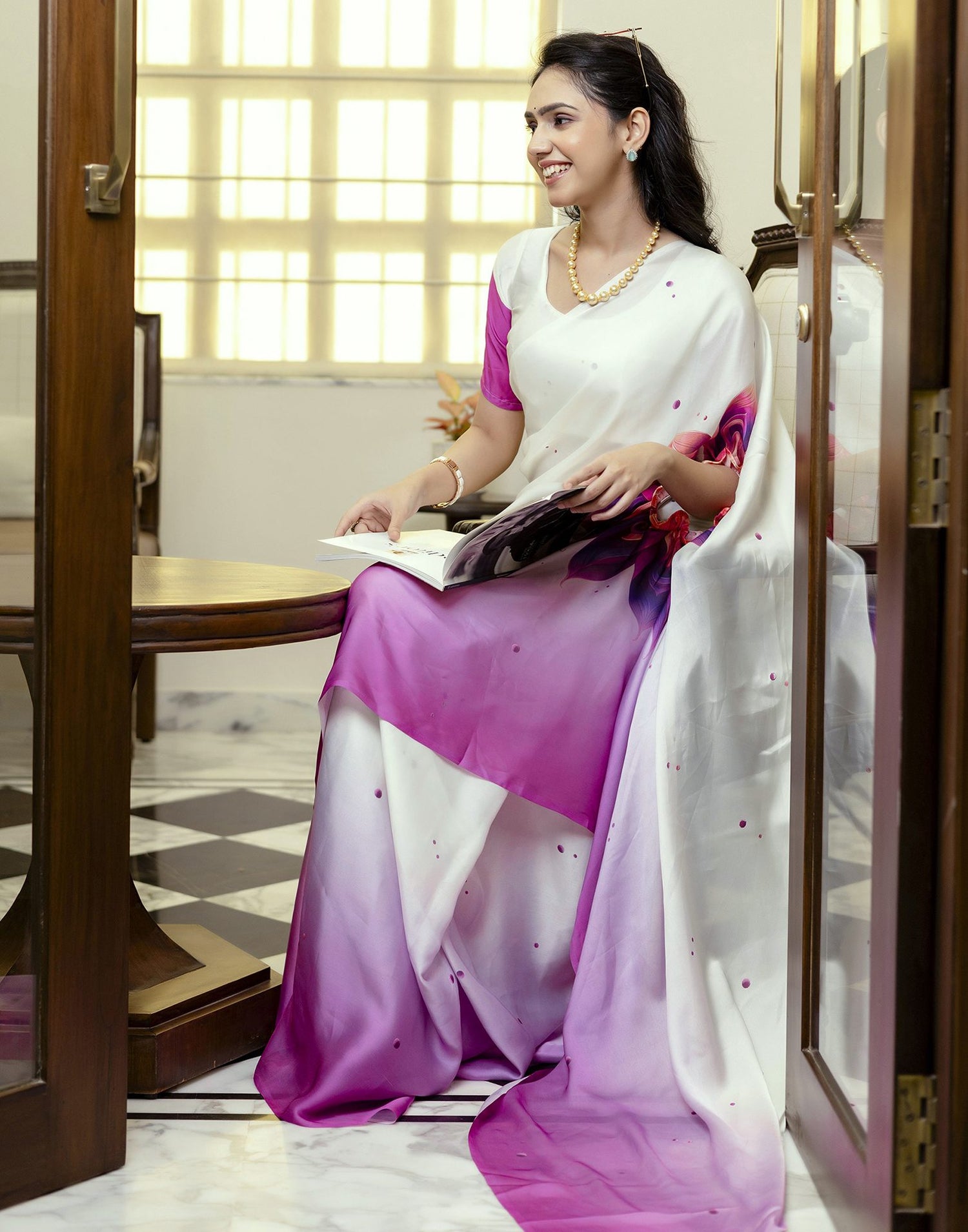 Handsfree White Satin Floral Printed Saree