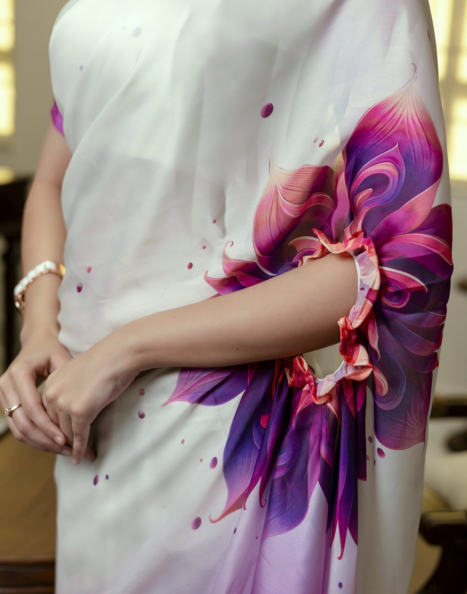 Handsfree White Satin Floral Printed Saree