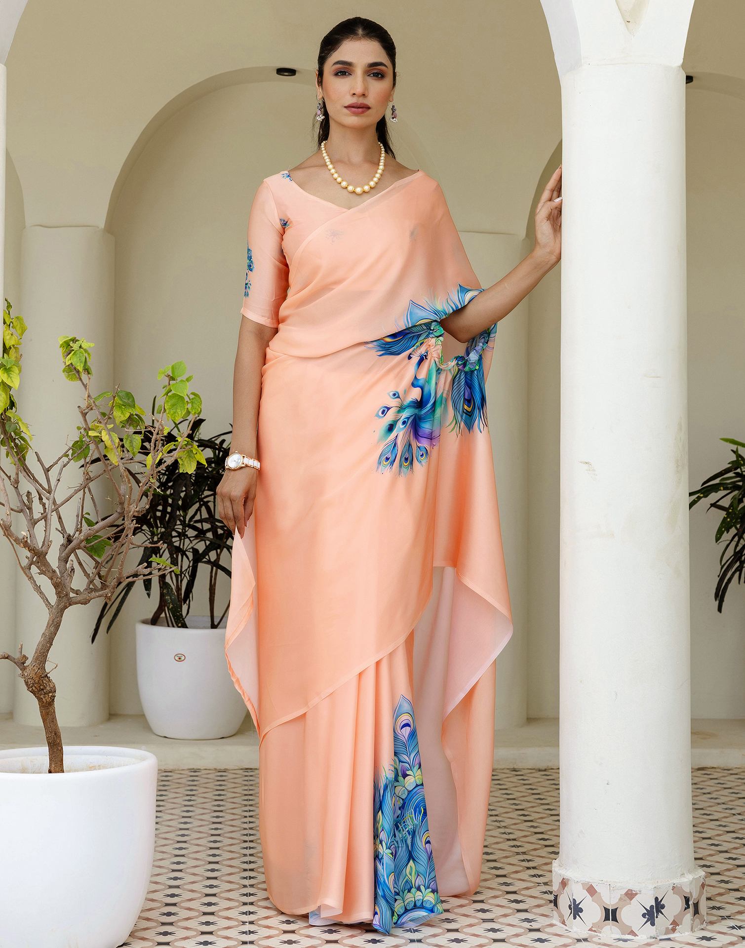 Handsfree Light Peach Satin Printed Saree