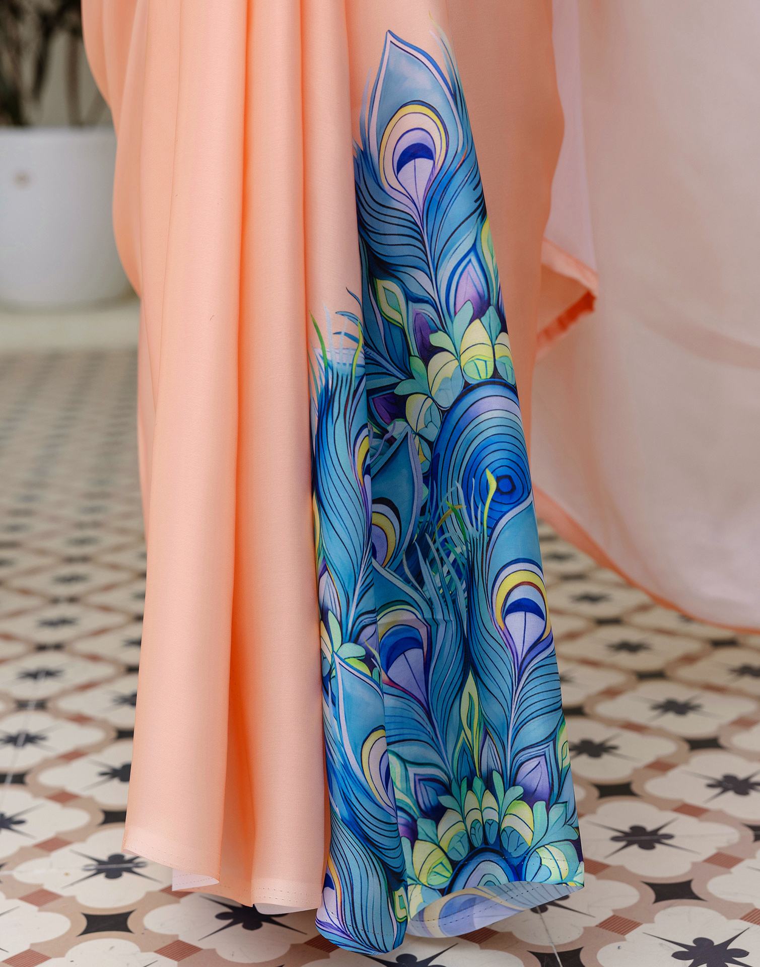 Handsfree Light Peach Satin Printed Saree